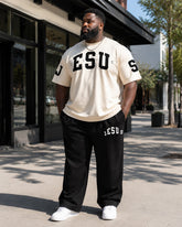 Big & Tall Men's Rice White And Black Word "JESUS" Printed T-shirt Trousers Set