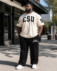 Big & Tall Men's Rice White And Black Word "JESUS" Printed T-shirt Trousers Set