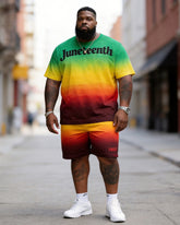 Big & Tall Men'sJuneteenth Alphabet Gradient Print Round Neck Short Sleeve T-Shirt Shorts Set