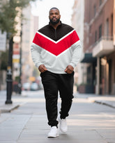 Big & Tall Men's Black And Red Striped Contrast Printed POLO Collar Zipper Long Sleeve Pants Two-piece Set