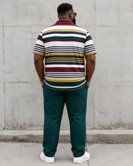 Big & Tall Men’s Retro Multicolor Horizontal Stripe Printed Polo Short-Sleeve Pants Set