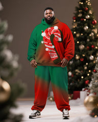 Big & Tall Men's Christmas Red Green Gradient Candy Print Hoodie Suit