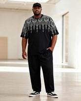 Big & Tall Men's Black And White Geometric Ethnic Print T-Shirt Pants Set