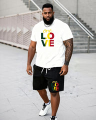 Big & Tall Men's "One Love" Reggae Color Matching Printed Crewneck Short Sleeve T-Shirt Shorts Set