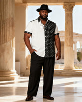 Big & Tall Men's Red And Black Ribbed Contrast Printed Short Sleeve Shirt Pants Set