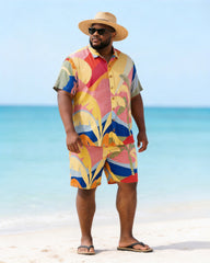 Big & Tall Men's Color Contrast Geometric Palm Leaf Print Short Sleeve Shirt Shorts Set