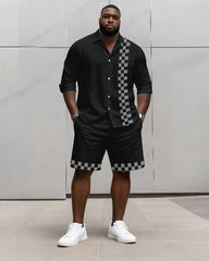 Big & Tall Men's Business Plaid Striped Print Long Sleeve Shirt Shorts Set