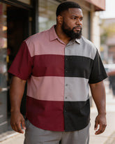 Big & Tall Men's Wine Red Gray Black Striped Printed Short Sleeve Shirt