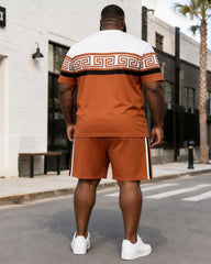 Big & Tall Men's Orange And White Contrast Stitching Printed Crew Neck Short Sleeve T-shirt Shorts Set