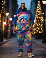 Big & Tall Men's Colorful Star Christmas Hat Raccoon Print Hoodie Set