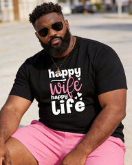 Big & Tall Men's "happy Wife Happy Life" Pink Printed Round Neck Short Sleeve T-shirt Shorts Set