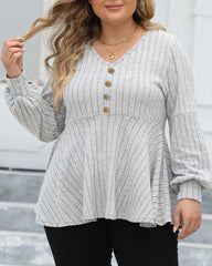 Women's Large Solid Color Striped V-neck Gold Button T-shirt L-5XL