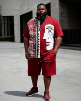 Big & Tall Men's Stitching Side Face Abstract Ethnic Style Printing Crewneck Short Sleeve T-shirt Shorts Set