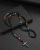 Round Beaded Colorful Natural Stone Cross Necklace