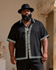 Big & Tall Men's Black And Gold Rim Printed Short Sleeve Shirt Pants Set