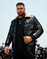 Big & Tall Men's Padded Lamb Wool Lapel Motorcycle PU Leather Jacket M-5XL