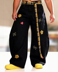 Big & Tall Men's Cartoon Embroidered Loose Jeans With Plaid Belt S-3XL
