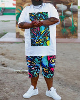 Big & Tall Men's White Bottom Fine Color Geometric Graffiti Print Crewneck Short Sleeve T-Shirt Shorts Set