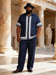 Big & Tall Men's Navy Blue Wavy Print Short Sleeve Shirt Trousers Set