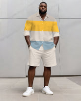 Big & Tall Men's Business Blue Yellow Beige Color Matching Printed Long Sleeve Shirt Shorts Set