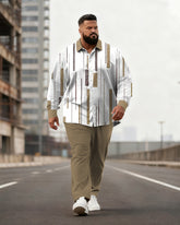 Big & Tall Men's Business Brown Striped Print Long Sleeve Shirt Pants Set