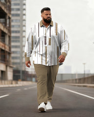 Big & Tall Men's Business Brown Striped Print Long Sleeve Shirt Pants Set