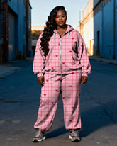 Women's Plus Size Pink Love Check Print Cardigan Hoodie Set