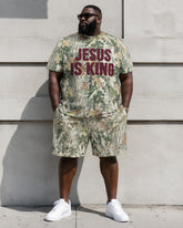 Big & Tall Men's Jungle Leaf Camouflage JESUS IS KING Printed Round Neck Short Sleeve T-Shirt Shorts Set