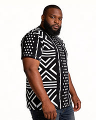Big & Tall Men's Black And White Geometric Polka Dot African Print Round Neck Short Sleeve T-Shirt