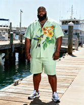 Big & Tall Men's Light Green Bottom Hummingbird Floral Print Short Sleeve Shirt Shorts Set