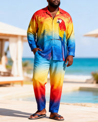 Big & Tall Men's Rainbow Gradient Parrot Print Long Sleeve Shirt Pants Set