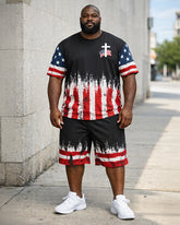 Big & Tall Men's American Flag Cross Splash Ink Printed Round Neck Short Sleeve T-Shirt Shorts Set