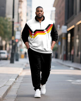 Big & Tall Men's Black, Red And Yellow Striped Contrast Printed POLO Collar Zipper Long Sleeve Pants Two-piece Set