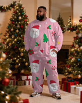 Big & Tall Men's Santa Claus Cartoon Pink Printed Long Sleeve T-Shirt Pants Set