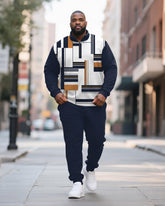 Big & Tall Men's Blue Geometric Print POLO Collar Zipper Long Sleeve Pants Two-Piece Set