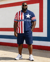 Big & Tall Men's American Flag Stars And Stripes Colorblock Printed POLO Short Sleeve Shorts Set