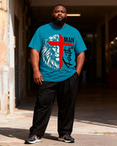 Big & Tall Men's Lake Blue Faith Lion Head Printed T-Shirt Pants Set