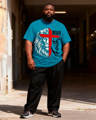 Big & Tall Men's Lake Blue Faith Lion Head Printed T-Shirt Pants Set