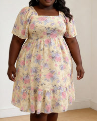 Women's XL-5XL Plus Size Puff Sleeve Square Neck Large Swing Dress