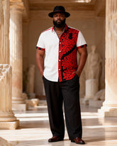 Big & Tall Men's Red And Black Ribbed Contrast Printed Short Sleeve Shirt Pants Set