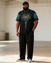 Big & Tall Men's Black Gold Blue Flame Totem Printed T-Shirt Pants Set
