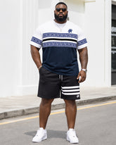 Big & Tall Men's Navy Blue And White Contrast Striped Printed Crew Neck Short Sleeve T-shirt Shorts Set