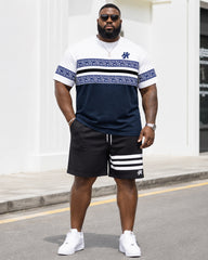 Big & Tall Men's Navy Blue And White Contrast Striped Printed Crew Neck Short Sleeve T-shirt Shorts Set