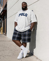 Big & Tall Men's Vintage Plaid POLO Alphabet Print Round Neck Short Sleeve T-Shirt Shorts Set