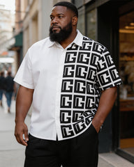 Big & Tall Men's Black And White Letter Print Short Sleeve Shirt