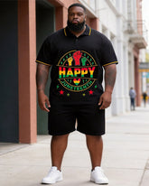 Big & Tall Men's Happy Juneteenth Fist Print POLO Short Sleeve Shorts Set