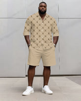 Big & Tall Men's Business Khaki Geometric Letter Print Long Sleeve Shirt Shorts Set