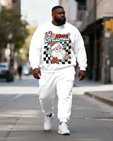 Big & Tall Men's White Checkerboard Santa Claus "Merry Christmas" Printed Crewneck Sweat Set