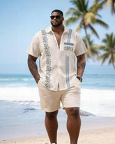 Big & Tall Men's Blue Flower Floral Striped Print Short Sleeve Shirt Shorts Set