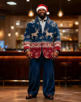 Big & Tall Men's Christmas Vintage Blue And Red Elk Print Suit